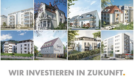 Verschiedene Immobilien mit Schriftzug: Wir investieren in Zukunft.