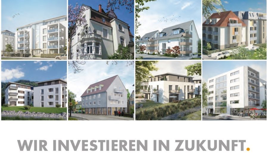 Verschiedene Immobilien mit Schriftzug: Wir investieren in Zukunft.